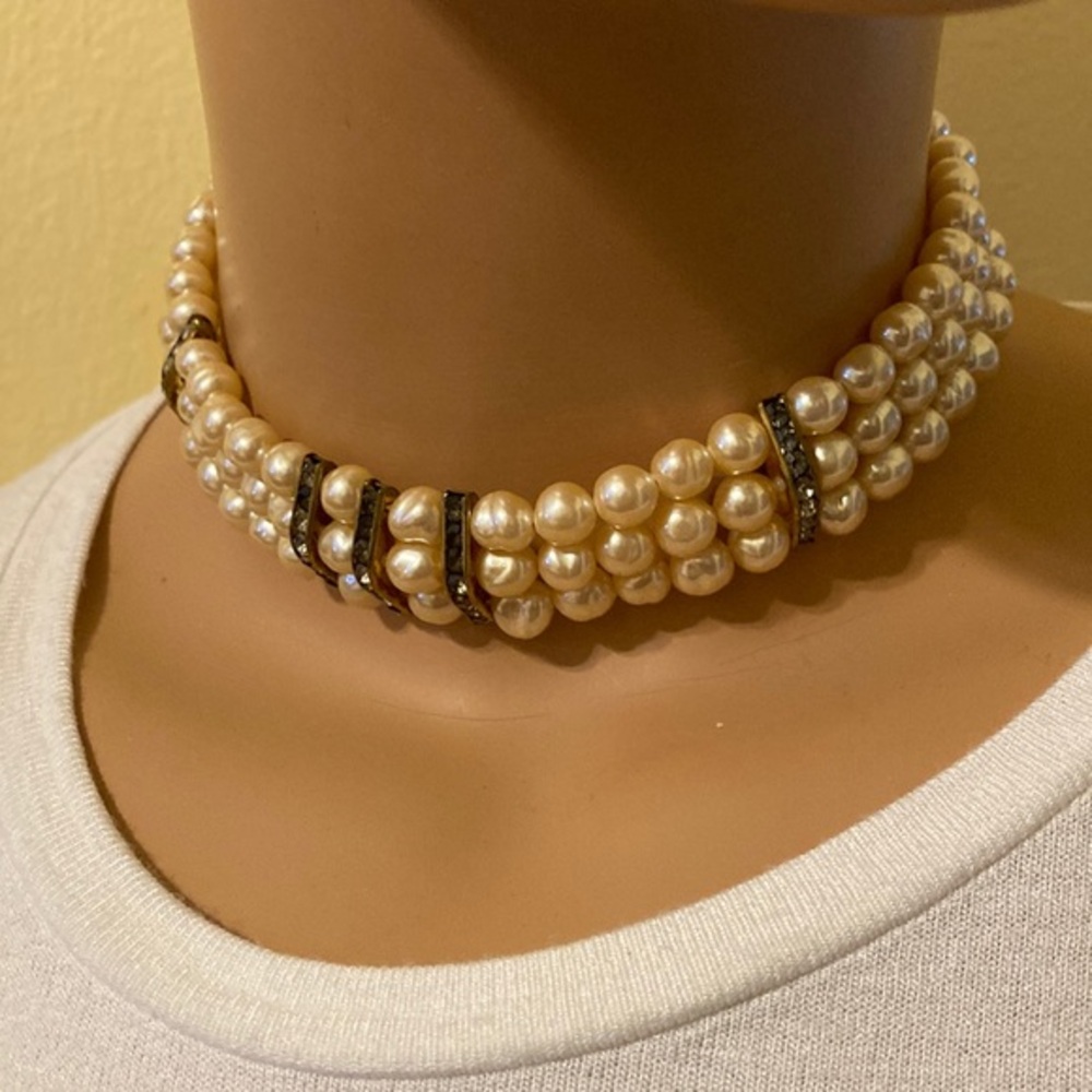 Vintage triple strand faux pearl and rhinestone choker necklace